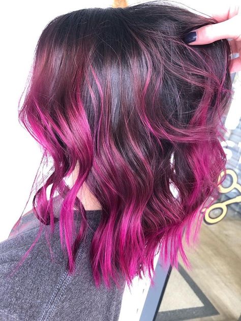 Red Pink And Black Hair, Black And Fashion Color Hair, Fushia Hair Highlights, Dark Pink And Purple Hair, Fushia Highlights, Black Hair With Magenta Highlights, Pink And Purple Balayage Brunette, Magenta Hair With Dark Roots, Fun Color Balayage Hair