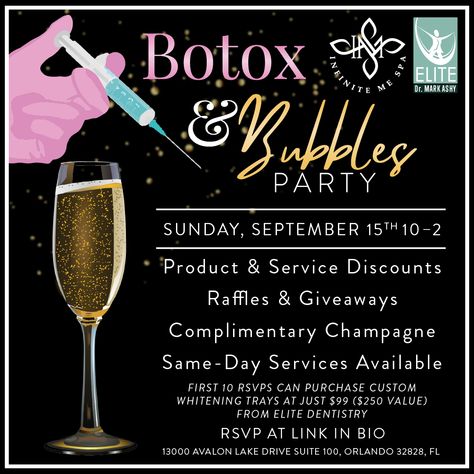 Join Infinite Me Spa for our Botox and Bubbles Party 🥂

Sip, relax, and enjoy exclusive event-only discounts on our products and services! Plus they’ll be having giveaways & raffles 🎁

The first 10 people to RSVP can purchase a custom whitening tray for just $99 ($250 value) from Elite Dentistry!

RSVP at the link in our bio or call us at 689-300-5728

#botoxandfillers #spaevent #avalonpark #orlandospa Botox And Bubbles Party, Bubbles Party, Back Facial, Exclusive Event, Intense Pulsed Light, Bubble Party, Lounge Party, Nail Services, Salon Services