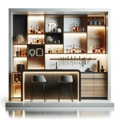 Basement Bar Ideas: Sleek, Rustic, and Modern Designs – artAIstry Back Of Bar Design, Residential Bar Design, Home Bars Modern, Bar Wall Design Home, Bar Home Ideas, Modern Home Bar Designs Luxury, Bar Counter Design Home, Home Bar Designs Luxury, Bar Wall Design