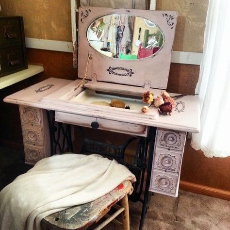 Sewing Machine Vanity http://www.hometalk.com/6430989/repurposed-sewing-machine-table-to-vanity Sewing Machine Vanity Makeup, Sewing Machine Ideas, Sewing Cabinets, Sewing Tables, Muebles Shabby Chic, Sewing Machine Tables, Sewing Machine Cabinet, Sewing Machine Table, Sewing Cabinet