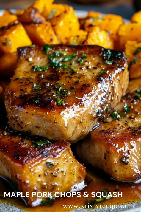 Sweet, savory, and oh-so-satisfying! These maple-glazed pork chops with roasted butternut squash are the perfect cozy meal. 🍂🥘 #MapleGlazed #PorkChops #FallRecipes" Pork Chops And Butternut Squash, Pork Chop And Butternut Squash Recipes, Slow Cooker Pork Chops And Sweet Potato, Pork Chops And Butternut Squash Recipe, Pork Chop Roast, Pork Chops And Sweet Potatoes, Butternut Squash Crockpot, Pork Chops Slow Cooker, Maple Pork Chops