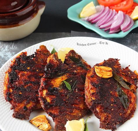 Karimeen Fry/ Kerala Style Pearl Spot Fish Fry Fish Curry Kerala Style, Kerala Chicken Fry, Kerala Fish Curry Recipes, Kerala Fish Fry, Fish Mappas Kerala, Kerala Food, Fried Fish Recipes, South Indian Food, Favorite Comfort Food