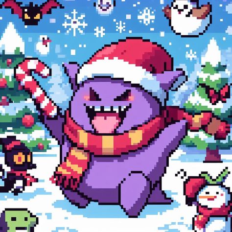 Gengar Christmas, Christmas Profile, Christmas Profile Pictures, Christmas Pokemon, Pokemon Christmas, Christmas Painting, Christmas Paintings, Profile Pictures, Pixel Art