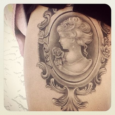 Happy #tattootuesday :) keep looking forward. #cameotattoo #cameo #thightattoo #inked #inkedandproud #blackandwhite Victorian Tattoos, Perfume Bottle Tattoo, Cameo Tattoo, Victorian Tattoo, Frame Tattoo, Underarm Tattoo, Tat Inspiration, Left Arm Tattoos, Framed Tattoo