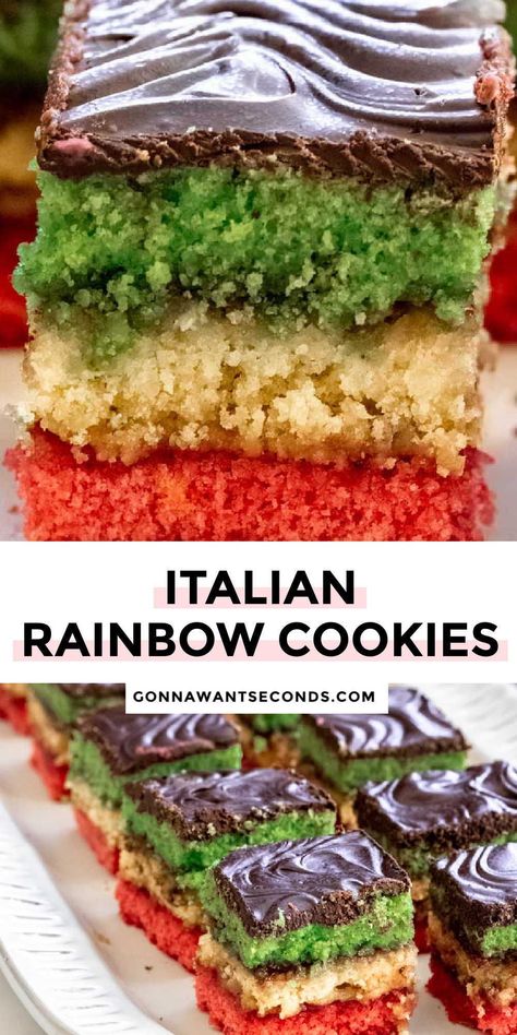 *NEW* These Italian Rainbow Cookies have three layers of sponge-like cake flavored with almond paste, red raspberry preserves, and topped with chocolate. #italiancookies #rainbowcookies