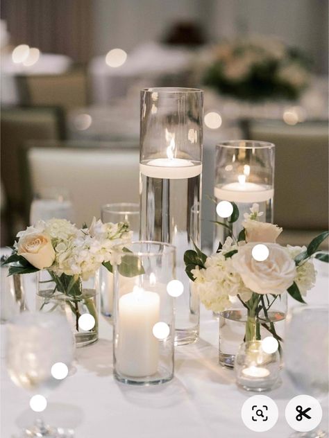 Babysbreath Centerpieces Long Table, Small White Centerpieces Wedding, Engagement Party Centerpieces Diy, White Flowers And Candles Wedding, Minimal Wedding Centerpieces Round Table, Centerpieces No Flowers, Simple Round Table Wedding Decor, Round Table Wedding Set Up, Wedding Tables Round