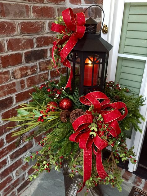 Lantern, Swag, Urn, Candle Christmas Planter With Lantern, Holiday Planters, Diy Christmas Lantern, Porch Pots, Christmas Planter, Christmas Urns, Christmas Garden Decorations, Lantern Swag, Outside Christmas Decorations