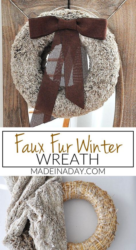 Rich Brown Faux Fur Wreath, scarf wreath, winter wreath, brown fur wreath, farmhouse fur wreath, #Fur #fauxfur #wreath Faux Fur Wreath, Scarf Wreath, Fur Wreath, Room Decor Crafts, Straw Wreath, Diy Snowman, Wreath Winter, Christmas Wreaths To Make, Home Decor Diy Crafts