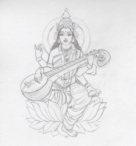 Beautiful Sketch of Mata Saraswati - God Pictures Saraswati Pencil Sketch, Sarasvati Ma Drawing, Saraswati Drawing Art, Ma Saraswati Drawing, Maa Saraswati Drawing Sketch, Vishnu Drawing Easy, Saraswati Goddess Drawing, Saraswati Puja Drawing, Vishnu Sketch