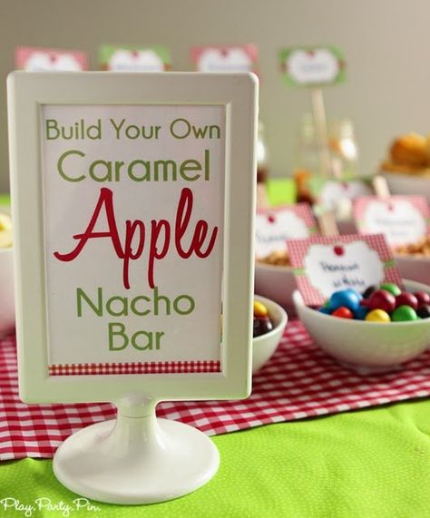 Hosting an apple party is easier than slicing an apple with these fun apple party ideas! With everything from apple party decorations to a caramel apple bar, you'll have everything you need for an amazing apple extravaganza. Apple Party Ideas, Apple Nacho Bar, Nacho Bar Ideas, Apple Theme Parties, Candy Apple Bars, Apple Party, Apple Bar, Caramel Apple Bars, Apple Birthday