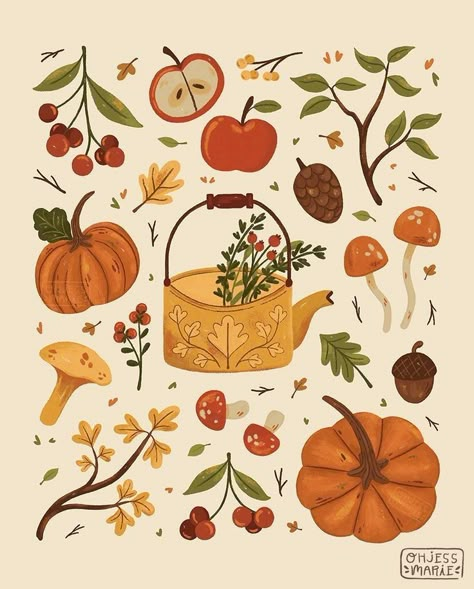 Dreaming Art, Botanical Elements, Autumn Illustration, Autumn Cozy, Autumn Aesthetic, Autumn Art, Fall Wallpaper, Bullet Journaling, Tea Kettle