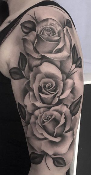 Rose Tattoo Design Upper Arm, Grayscale Rose Tattoo, Leg Roses Tattoo, 6 Roses Tattoo, Realism Roses Tattoo, Full Bloom Rose Tattoo, Realistic Rose Tattoo Black And White, 2 Rose Tattoo Design, Rose Shading Tattoo