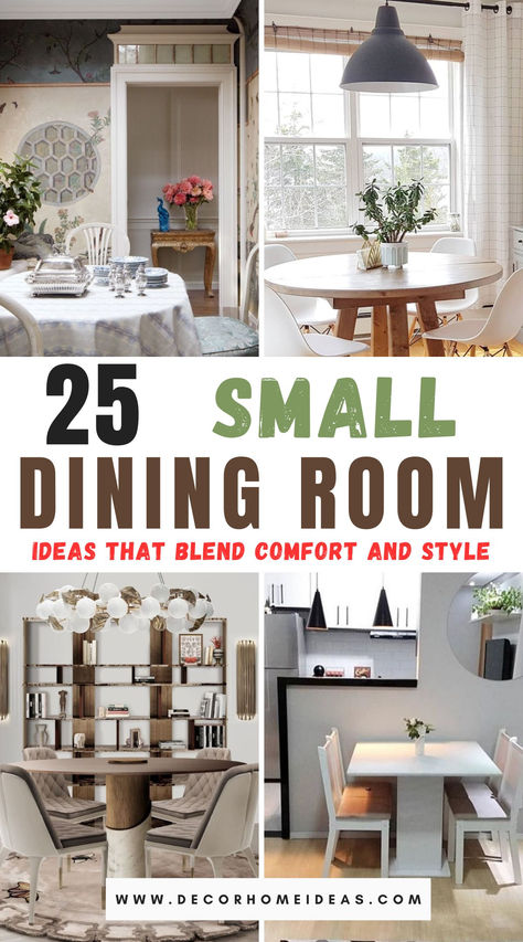 Explore 25 elegant small dining room ideas that seamlessly blend comfort and style. From space-saving furniture to smart decor tricks, these designs transform compact spaces into stylish, cozy havens. Get inspired to elevate your dining room without sacrificing comfort or sophistication! Small Dinner Room Ideas, Dining Room Sets For Small Spaces, Small Dining Room Sets Table And Chairs, Dining Room Without Table Ideas, Dining Room And Seating Area Combo, Small Dining Area Wall Decor, Comfortable Dining Room Ideas, Small Circle Dining Table Decor, Comfy Dining Table