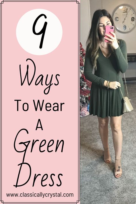 I style a green dress 9 different ways for you to find the perfect outfit inspiration. Green Dress With Black Tights, Green Dress Black Tights, How To Style A Green Dress, Green Dress With Tights, Green Dress Outfit Ideas, Glitter Dress Outfit, Dress With Tights Outfit, Dress In The Winter, Outfit With Tights