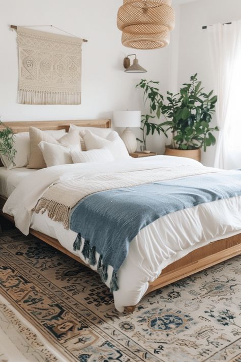 Blue And White Boho Bedroom, Colorful Bedroom Design, Boho Bedroom Decor Ideas, Boho Space, Boho Bedroom Ideas, Bohemian Furniture, Linen Bedspread, Bohemian Inspiration, Chunky Knit Throw