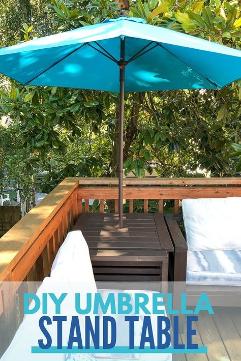 Get storage AND shade with this DIY umbrella stand table! The hinged top gives you access to the storage hidden inside the base! Perfect for outdoor toys or extra pillows! Get the free woodworking plans to make your own umbrella stand side table at The Handyman's Daughter! #umbrella #outdoorfurniture #diyproject Umbrella Stand Side Table, Ikea Molger, Diy Umbrella, Outdoor Umbrella Stand, Patio Umbrella Stand, Outdoor End Tables, Diy Furniture Bedroom, Diy Holz, Outdoor Side Table