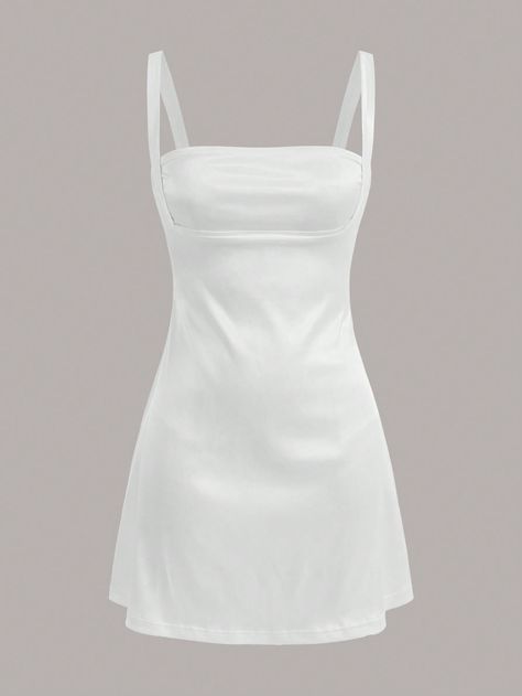 SHEIN EZwear Satin Spaghetti Strap Chest Splicing Women's White DressI discovered amazing products on SHEIN.com, come check them out! White Satin Dress Short, Cute Dance Dresses, White Dress Outfit Summer, Satin Dress Short, White Tight Dresses, White Dress Outfit, White Satin Dress, Dark Dress, Normal Clothes