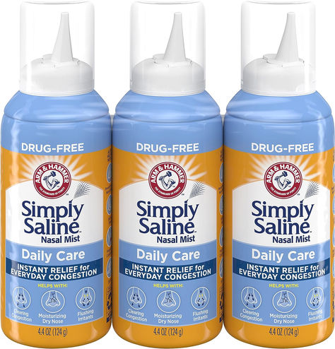 Arm & Hammer Simply Saline Daily Care Nasal Mist 4.4oz, Saline Nasal Spray, Drug-Free, 3-Pack Saline Nasal Spray, Dry Nose, Congestion Relief, Spray Moisturizer, Nasal Passages, Cold Cough, Nasal Spray, Diet Supplements, Sports Nutrition