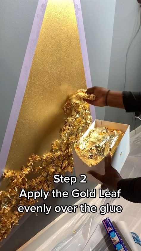 Gold Foil Wall Paint, Black Wall With Gold Leaf, Gold Accent Wall Decor, Gold Leaf Stairs, Gold Flake Wall Paint, How To Apply Gold Leaf To Walls, Gold Foil On Wall, Gold Leaf Wall Paint, Gold Leaf Ideas Projects