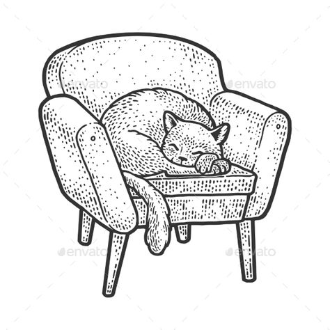 Armchair Drawing Sketch, Cat On Couch Drawing, Armchair Tattoo, Cat Sleeping On Back, Armchair Sketch, Armchair Drawing, Bujo Mai, Fish Tank Drawing, Back Sketch