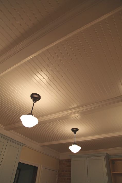 Paneled Ceiling, Beadboard Ceiling, Basement Ceiling, Ceiling Treatments, Bedroom Remodel, Home Owner, Kitchen Ceiling, Pendant Fixture, School House