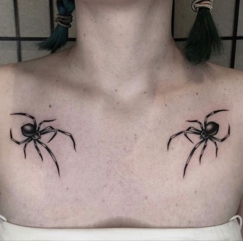 Spider Collar Bone Tattoo, Symmetrical Collar Bone Tattoo, Spider Tattoos, Flash Sheets, Bug Tattoo, Scary Tattoos, Stick N Poke Tattoo, Spider Tattoo, Poke Tattoo