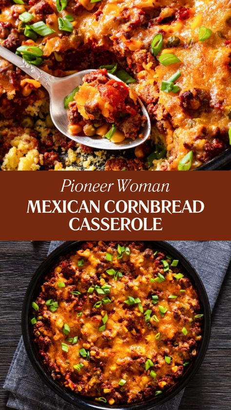 Pioneer Woman Mexican Cornbread Casserole Cornbread Recipe Casserole, Southwest Cornbread Casserole, Mexican Cornbread With Meat, Ground Beef Cornbread Recipes, Cornbread Enchilada Casserole, Hamburger Cornbread Casserole Recipes, Ground Beef Recipes Cornbread, Authentic Mexican Cornbread, Stuffed Cornbread Casserole