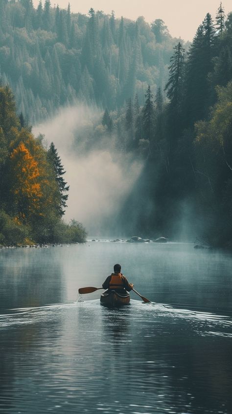 Serene Kayak Journey: A lone #kayaker paddles calmly through the misty waters surrounded by the #tranquil embrace of #nature. #solitude #waterways #calmscape #adventurephotography #outdoors #explorethewild #artificialintelligence ⬇️ Download and 📝 Prompt 👉 https://stockcake.com/i/serene-kayak-journey_217363_40268 Kayak Aesthetic, Kayaking Photography, Kayaking Aesthetic, Green Scenery, A Lone, Adventure Photography, Canoeing, Modern City, Paddles