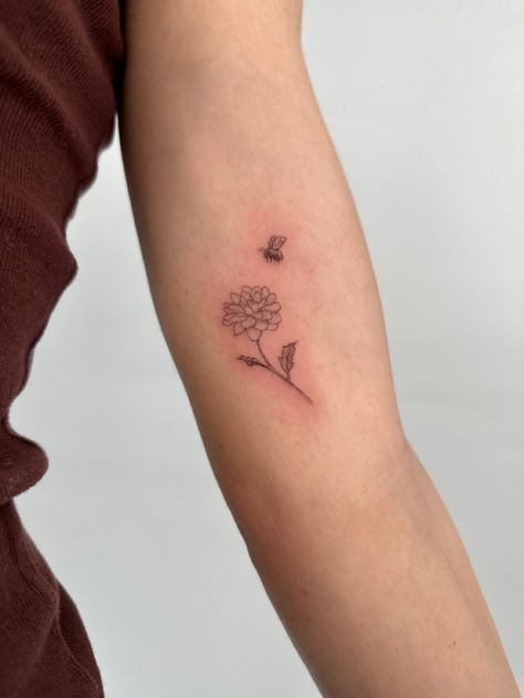 Tiny Dahlia Tattoo, Dainty Dahlia Tattoo, Dahlia Flower Tattoo Simple, Alabama State Flower Tattoo, Dahlia Tattoo Minimalist, Dahlia Tattoo Small Simple, Mexican Dahlia Tattoo, Delilah Tattoo Flower, Small Dahlia Tattoo