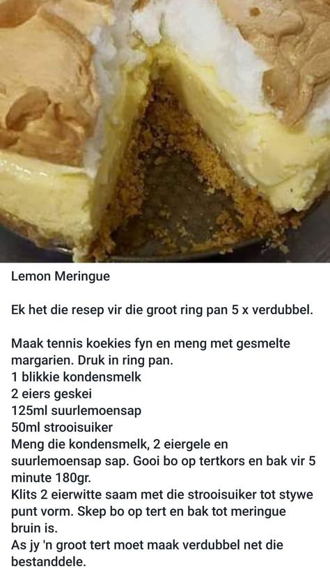 Lemon Meringue South African Lemon Meringue Tart, Suurlemoen Stroop, Fridge Tarts South Africa, Lemon Meringue Recipe, Easy Tart Recipes, Lemon Meringue Tart, African Dessert, Fluff Desserts, Rock Recipes