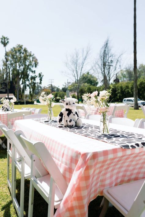 Holy Cow She’s One 1st Birthday Party | Kara's Party Ideas Pink Barn Backdrop, Girl Farm Birthday Party, Rodeo Baby Shower, Girls Farm Birthday, Barn Backdrop, Cow Cake, Baby Birthday Party Theme, Rodeo Birthday Parties, Cow Birthday Parties