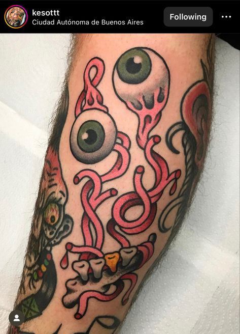 American Traditional Eyeball Tattoo, American Traditional Bicep Tattoo, Traditional Tree Tattoo, Tattoo Eyeball, Traditional Eye Tattoo, Traditional Tattoo Gap Fillers, Gap Filler Tattoo Ideas, Filler Tattoo Ideas Gap, Eyeball Tattoo