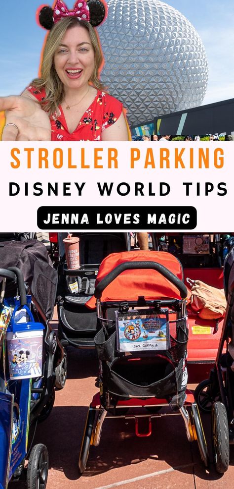 Stroller Parking Disney World Tips text overlay with image of Epcot and Jenna Loves Magic logo Stroller Parking, Disney Stroller, Strollers At Disney World, Best Stroller, Disney World Tips, Disney World Tips And Tricks, Disney World Trip, Disney Trip, Travel Inspo