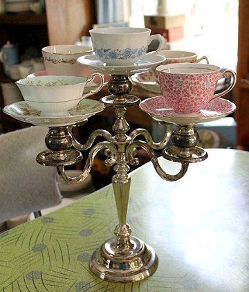 teacup candelabra made with vintage cups and saucers #upcycle #repurpose Tea Cup Crafts, Koti Diy, Teacup Crafts, Repurposed Art, Alice In Wonderland Tea Party, Cup Crafts, Tea Party Ideas, Mad Hatter Tea, Mad Hatter Tea Party