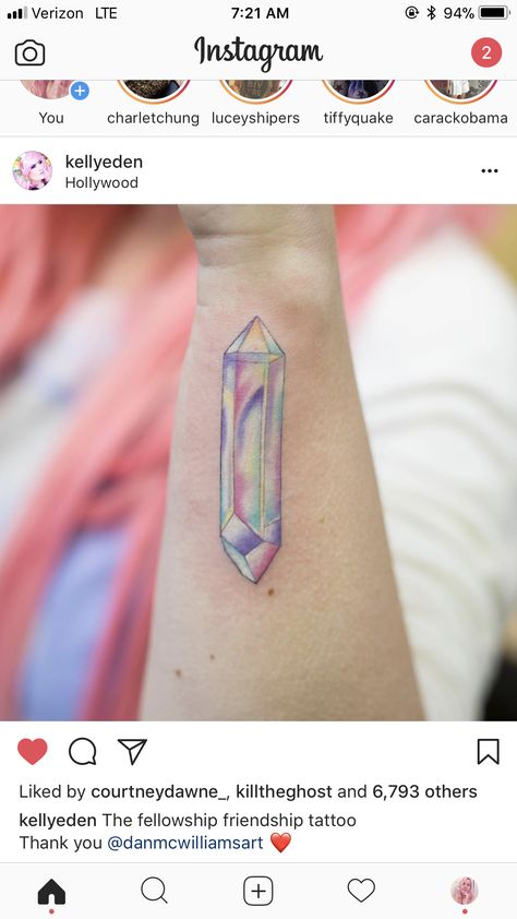 @kellyeden Kelly Eden tattoo by Dan McWilliams @danmcwilliamsart fellowship of the rainbow friendship tattoo crystal Crystal Tattoo Color, Iridescent Tattoo, Crystal Tattoo Ideas, Eden Tattoo, Tattoo Crystal, Kelly Eden, Friendship Tattoo, Mirror Tattoos, Gem Tattoo