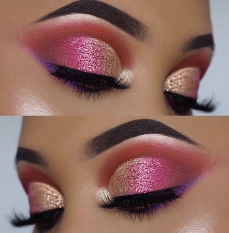 Pink Gold Eyeshadow, Cut Crease Hooded Eyes, Gold Eyeshadow Looks, Coral Eyeshadow, Gold Cut Crease, Cut Crease Eye Makeup, Cut Crease Tutorial, Cut Crease Eyeshadow, Cut Crease Eye