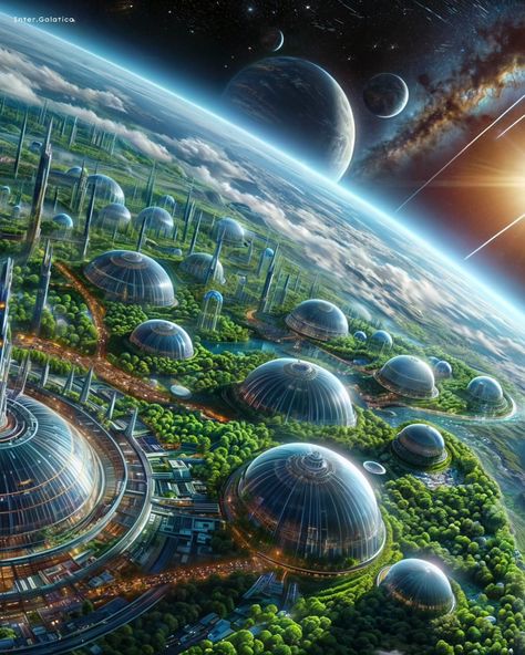 🌟🌱Stellar Sanctuaries: Sustainable Habitats in the Cosmos🌌 In the vast expanse of space, futuristic civilizations have established Stellar Sanctuaries, eco-friendly space cities encased within protective domes on alien planets. These sustainable habitats are powered by renewable energy sources such as solar and wind, while advanced recycling systems ensure that resources are used efficiently and waste is minimized. With lush gardens and tranquil parks, Stellar Sanctuaries provide a peaceful ... Space Futuristic, Alien Planets, Scifi Artwork, Renewable Energy Sources, Concept Vehicles Sci Fi, Eco City, Sci Fi City, Sustainable City, Spaceship Art