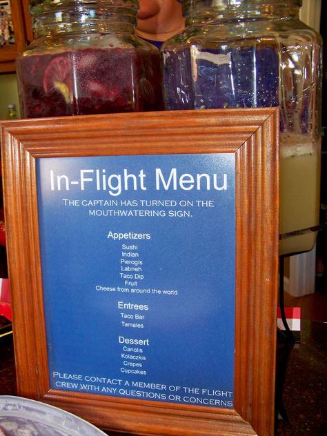 In Flight Menu | Menu for Travel Themed Bridal Shower Take Flight Party Theme, Flight Attendant Retirement Party, Travel Theme Gala, Travel Party Theme Food, Flight Attendant Wedding Theme, Travel Theme Dinner Party, First Class Party Theme, Travel Theme Table Decor, Airplane Theme Wedding