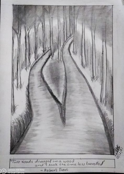 Inspiration: Road not taken by Robert Frost Road Drawing Easy, The Road Not Taken Drawing, Robert Frost Tattoo Two Roads, Forest Road Drawing, Frost Drawing, The Road Not Taken Robert Frost Drawing, Road Less Traveled Quotes Robert Frost, Snowy Road Painting, Road Drawing