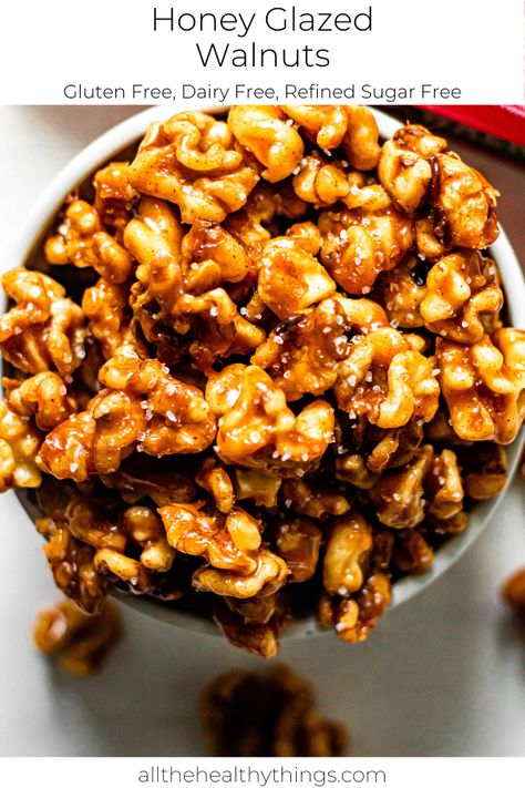 These honey glazed walnuts are the perfect snack or crunchy topping. They’re made with heart healthy shelled California Diamond walnuts, pure honey, ghee, plenty of vanilla, and warming cinnamon for an extra yummy touch of flavor. Not only are these nuts delicious, they also have 2.5 grams of healthy omega-3 fats per serving! #honeywalnutrecipe #honeycinnamonglazedwalnuts #honeyglazedwalnuts #refinedsugarfree #hearthealthyrecipes Honey Glazed Walnuts, Heart Healthy Desserts, Greens Recipes, Glazed Walnuts, Healthy Kid Friendly Meals, Healthy Appetizer, Honey Glazed, Paleo Recipes Easy, Pure Honey