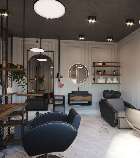 Hair Salon Basin Area, Salon Entry Ideas, Small Barbershop Ideas, Salon Renovation Ideas, Boho Hair Salon Ideas, Moody Salon Decor, Hair Suite Ideas, Moody Hair Salon, Moody Salon