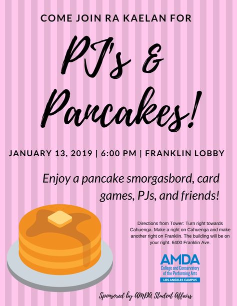 My poster for my PJs and Pancakes RA event! Resident Events Apartments, Dorm Floor Event Ideas, Resident Life Events, College Ra Activities, College Sga Events, Apartment Event Ideas, Nursing Home Event Ideas, Sga Event Ideas, Ra Community Events