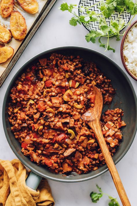 Wooden spoon in a skillet of lentil picadillo Vegetarian Cuban Recipes, Vegan Cuban Food, Vegetarian Picadillo, Vegan Picadillo, Cuban Picadillo, Picadillo Recipe, Cuban Dishes, Fresh Eats, Minimalist Baker