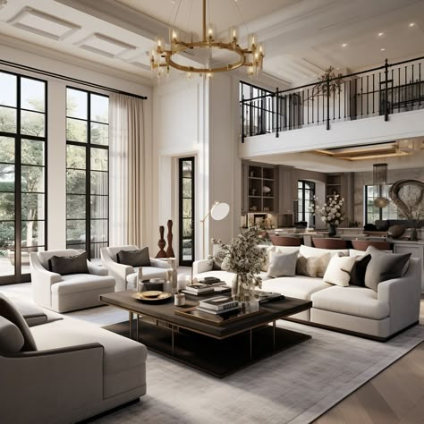 Neo Classic Home Design, Bedroom Modern Rustic, Living Room With Tall Walls, House With Tall Windows, Contemporary Interior Design Living Room Open Concept, Great Rooms Modern, Railing Overlooking Living Room, Classic Coffee Table Decor, Large Formal Living Room Ideas