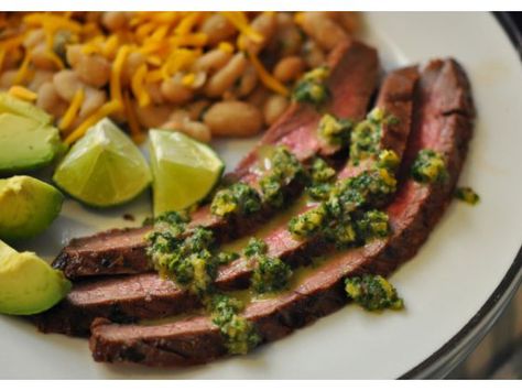 Citrus-cilantro flank steak with four-herb relish Chimmi Churri Sauce, Chimmi Churri, Flank Steak With Chimichurri Sauce, Flank Steak With Chimichurri, Flank Steak Chimichurri, Marinade Flank Steak, Steak With Chimichurri, Steak With Chimichurri Sauce, Marinated Flank Steak