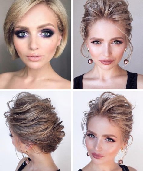 Messy Loose Updo for a Very Short Bob Short Bob Updo, Undone Updo, Bob Updo, Very Short Bob, Updos For Short Hair, Loose Updo, Short Hair Bun, Hairdos For Short Hair, Short Wedding Hair