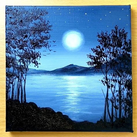 Water Scenery Paintings, Painting Scenery Landscapes, Simple Nature Paintings, Moonlight Scenery Painting, Acrylic Painting Moon, Scenery Painting Acrylic, Moonlight Scenery Drawing, Night Scenery Painting Moonlight, Moonlight Artwork