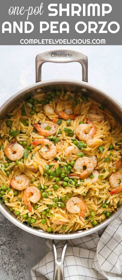 This quick and easy one-pot shrimp and pea orzo is a great weeknight meal! Pea Orzo, Orzo Shrimp, Seafood Cravings, Shrimp Orzo, Orzo Dishes, Completely Delicious, Potted Shrimp, Orzo Recipes, Shrimp And Rice