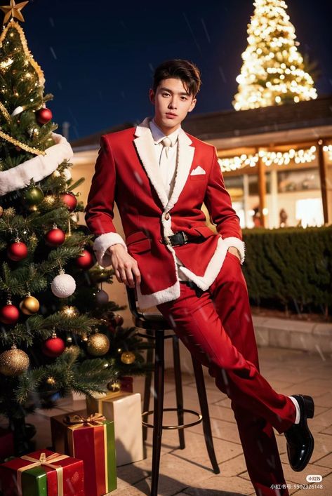 Santa Outfit For Men, Christmas Male Outfits, Red And White Outfit Men, Male Christmas Outfit, Fav Foreign, Christmas Core, Boy Christmas Outfit, Mariah Carey Christmas, Christmas Outfit Men