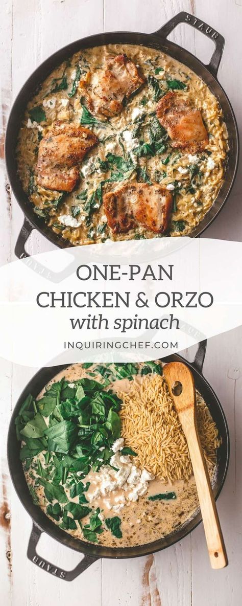 Tender chicken is baked over creamy orzo pasta with goat cheese and spinach in this one-pan meal that the whole family will love! Orzo With Spinach, Creamy Orzo Pasta, Chicken And Orzo, One Pan Recipe, Creamy Orzo, Goat Cheese Stuffed Chicken, Recipes List, Goat Cheese Pasta, One Pan Meal